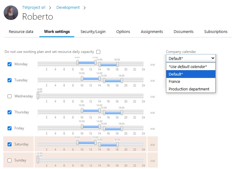 Calendario della risorsa